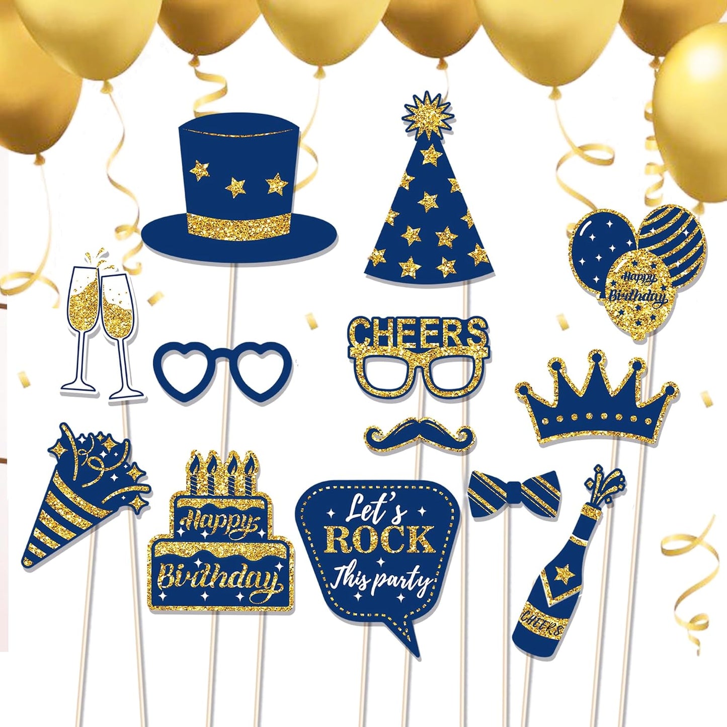 36 PCS Photo Booth Props Party Supplies Holiday Picture Decorations Blue Paper Photo Props for Birthday Party Favors Pose Sign Kit Fun