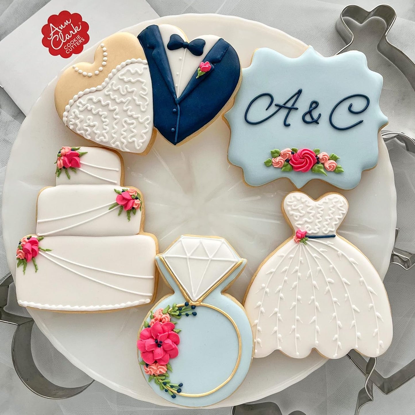 Ann Clark Cookie Cutters Wedding Cookie Cutters 5-Pc Set Made in the USA, Square Plaque, Wedding Cake, Wedding Dress, Diamond Ring, Double Heart