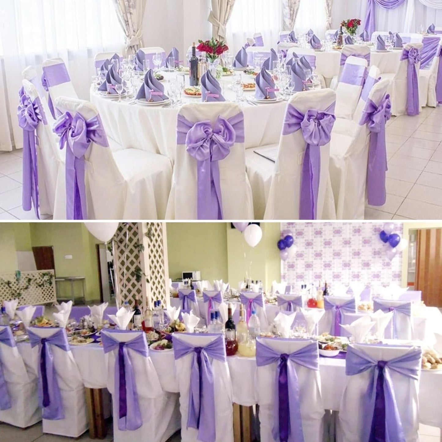 100 PCS Satin Chair Sashes Decorative Bow Chair Sashes Ties Back Ribbon Bows Chair Cover Band for Wedding Party Ceremony Reception Events Banquet Home Kitchen Chair Cover Decor(7x108inch,Lavender)