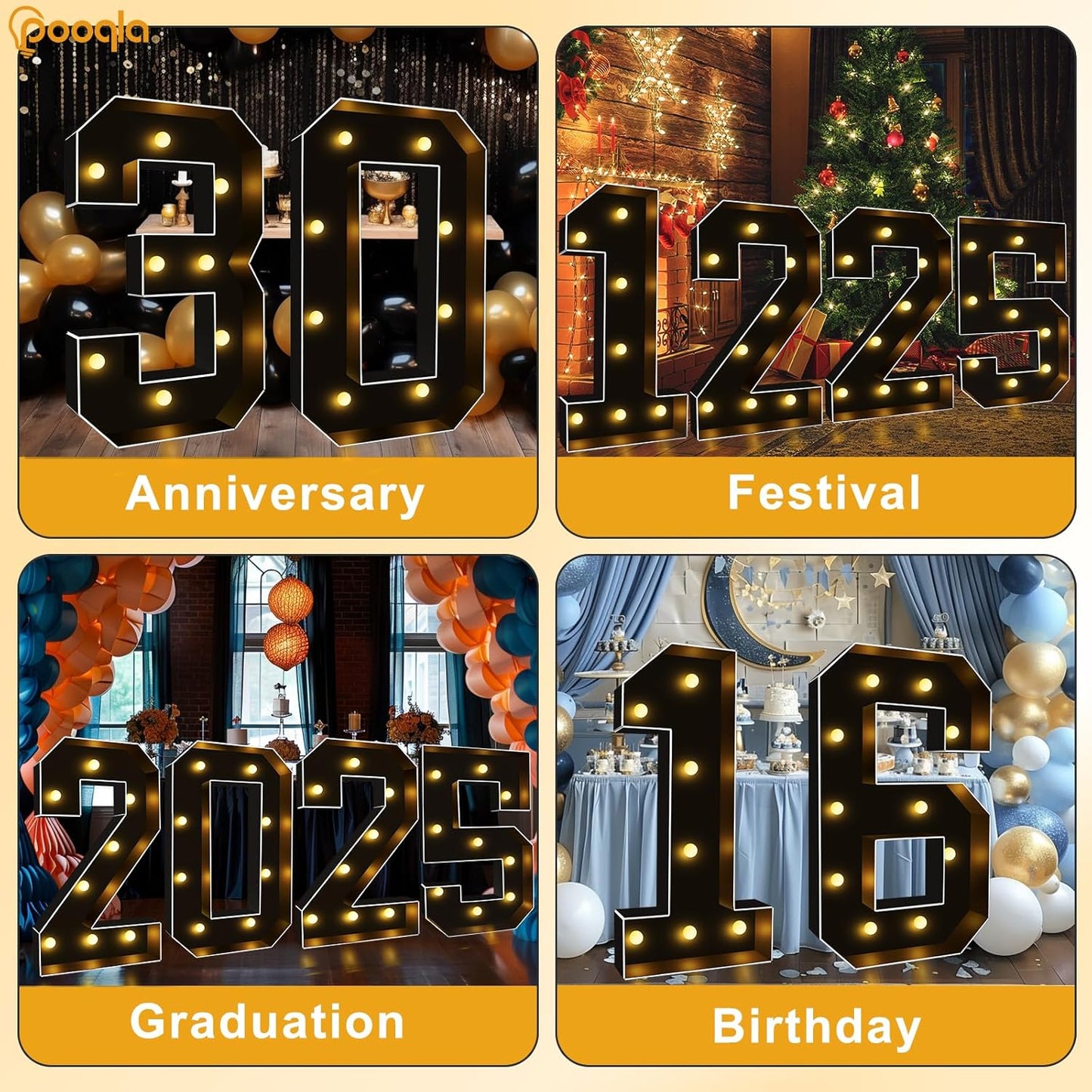 Pooqla 3FT Marquee Light Up Numbers, Black Lighted Party Decor for her him Women Men, Giant Mosaic Light Up Numbers for 10th 20th 30th Birthday Anniversary Decoration, Number 0