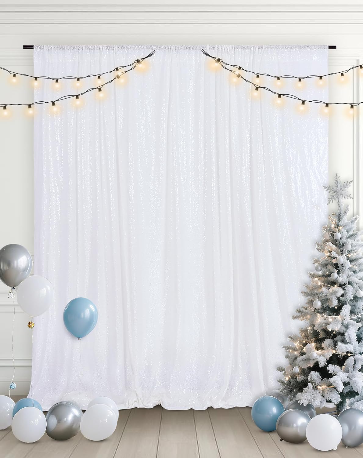 Eternal Beauty White Sequin Backdrop, 6x8 Ft Glitter Background Curtains for Christmas Shimmer Photography Party Wedding Birthday Back Drop Decor
