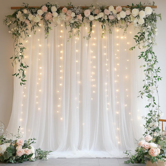 White Tulle Backdrop with Fairy Lights for Parites Wrinkle-Free Sheer Curtain Drapes Photo Back Drop for Wedding Baby Shower Bridal Shower Birthday Dance Home Décor- 10ft×8ft, White