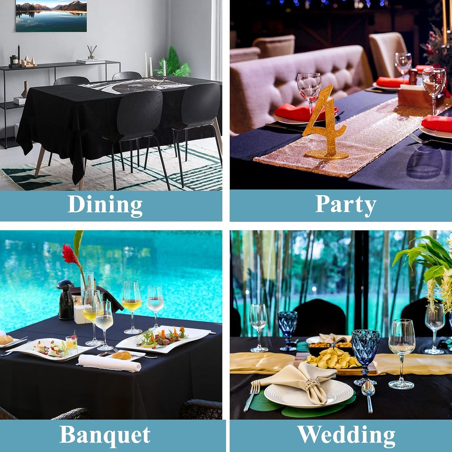 VidaFete Table Cloth 90 * 132inch 6 Pack Rectangle Tablecloth Polyester, Stain Wrinkle Resistant Polyester Dining Table Cover for Kitchen Dinning Party Wedding Rectangular Tabletop Decoration(Black)