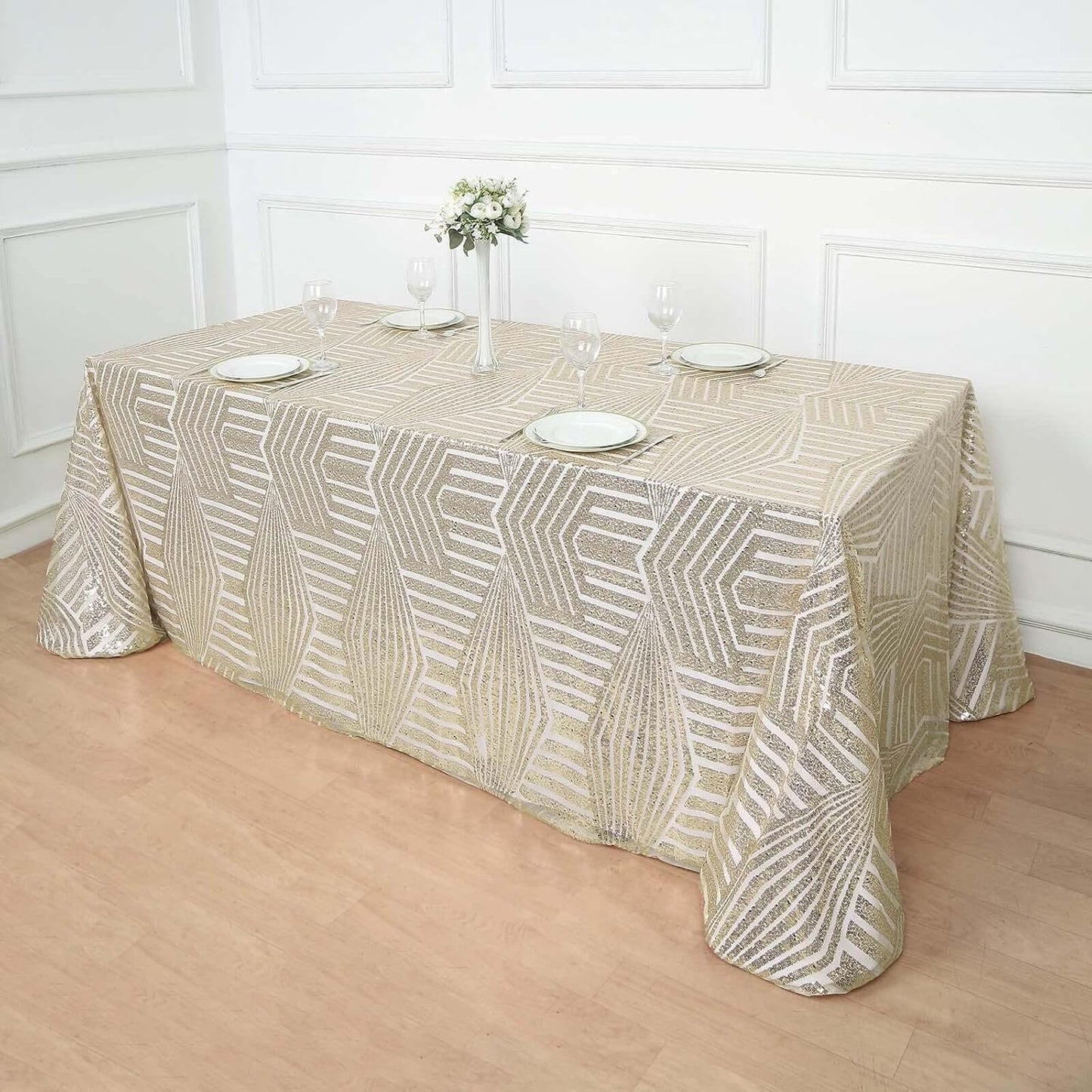 Efavormart 90"X132" Champagne Sparkly Sequin Geometric Tulle Rectangular Tablecloth