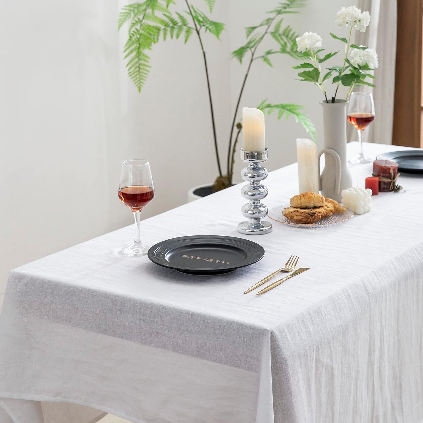 EVERLY 100% Pure Linen Rectangle Tablecloths 60x144Inches for Dining, Buffet Parties, Picnic,Events, Weddings and Restaurants, Decorative Halloween, Thanksgiving Machine Washable Tablecloths-White