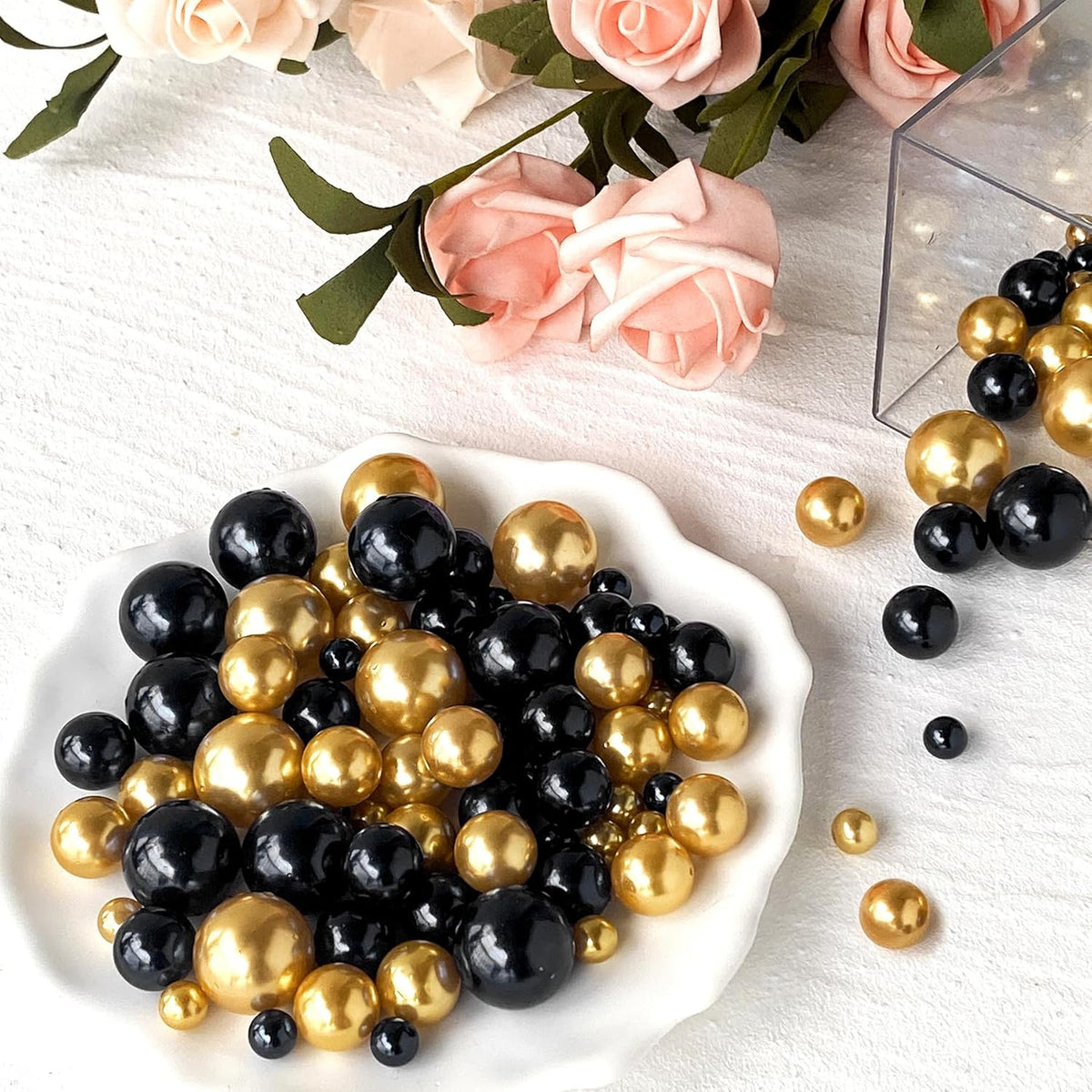 300Pcs Black&Gold Polished No Hole Faux Pearl Beads for Vase Filling Decorations, Plastic Pearls Vase Fillers, Table Scatters, Wedding Centerpiece, Home Decor, 8/14/20 mm