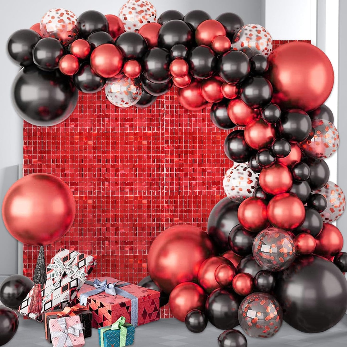 24PCS Red Shimmer Wall Backdrop, Square Sequin Backdrops Panel, Glitter Wall Background for Birthdays, Weddings, Christmas, Engagements, Disco Bachelorette Party Decoration (4FTx6FT)