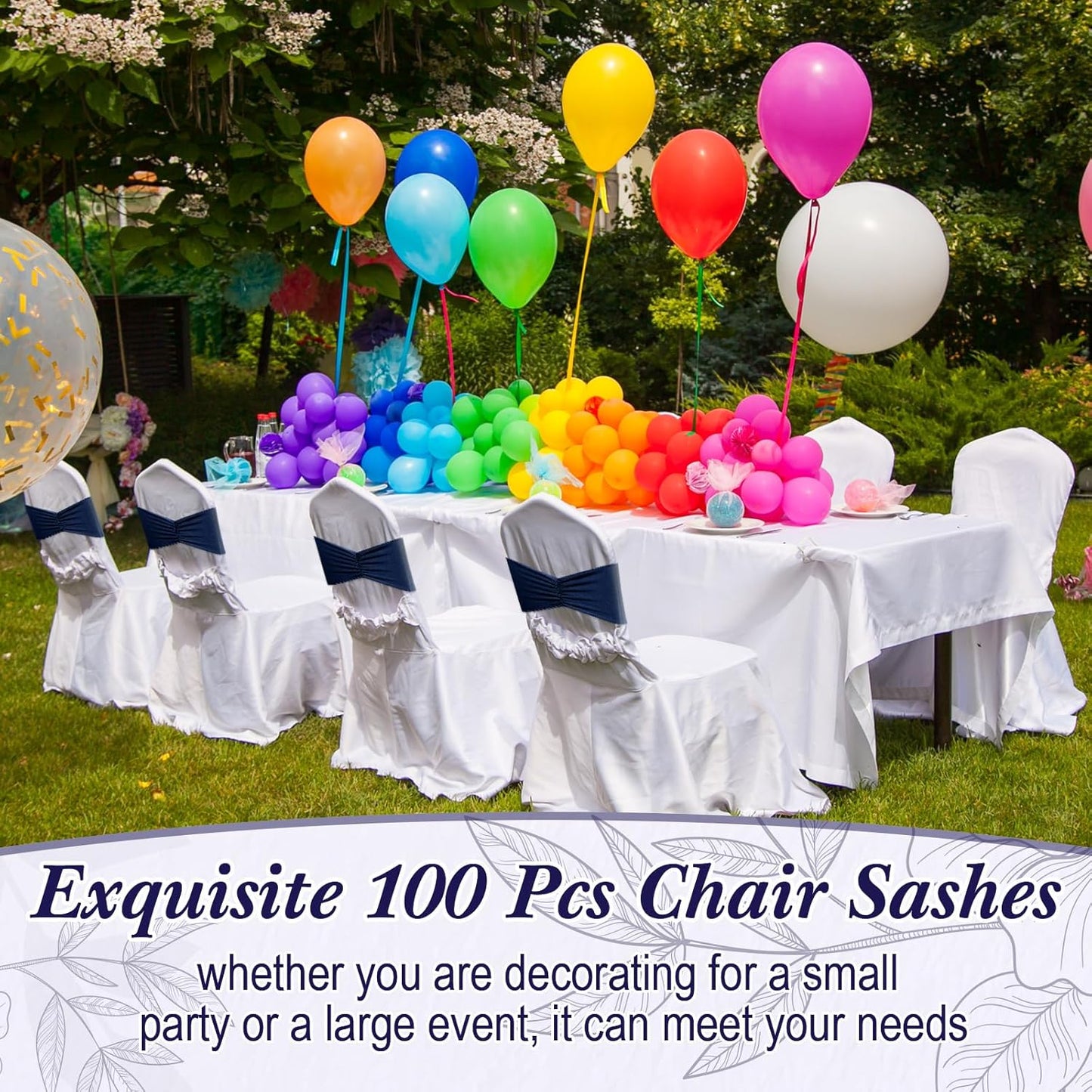 Moukeren 100 Pcs Spandex Chair Sashes Bows Bands Slider Sashes for Chair Covers Elastic Bands Ties Ribbon Decorations for Wedding Party Events Ceremony Birthday Banquet(Navy Blue)
