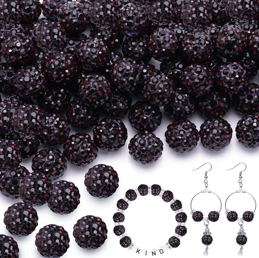100pcs 10mm Rhinestone Beads for Jewelry Making, Dark Purple Shiny Round Shamballa Disco Beads Bulk, Sparkle Crystal Clay Christmas for Bracelet Baseball Necklace Earring Crafting and DIY