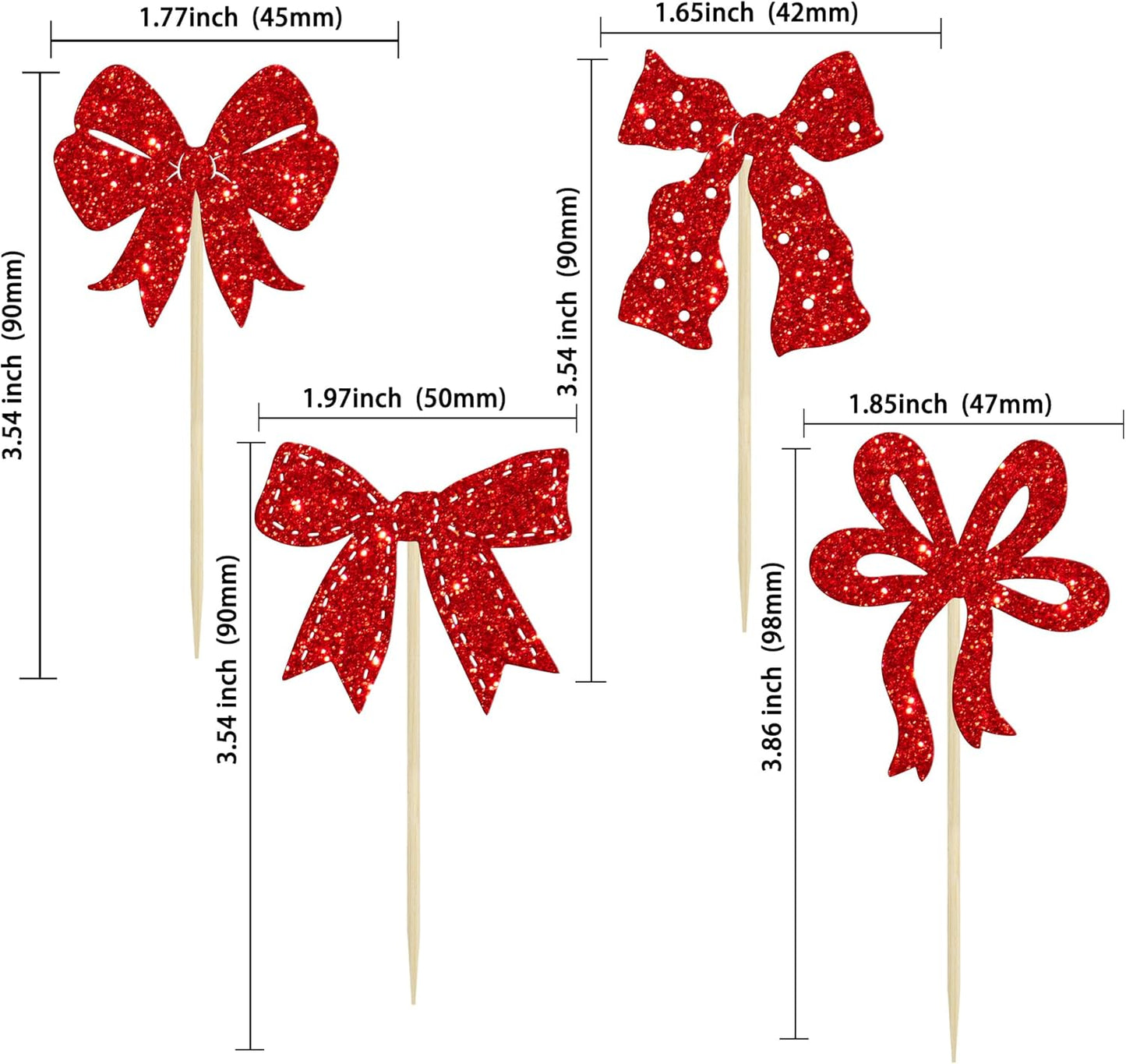 Ephlyn 24Pcs Bow Cupcake Toppers Bow Birthday Cake Topper Girls Birthday Party Decorations Bowknot Cupcake Decorations for Bridal Baby Shower Birthday Wedding Themed Party Red