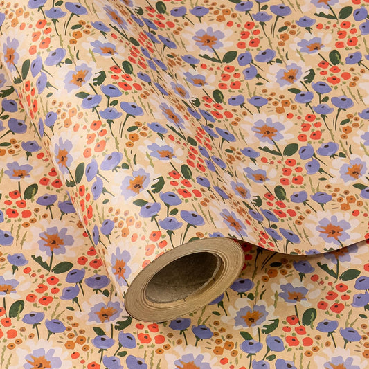 WRAPAHOLIC Kraft Floral Wrapping Paper Roll - Mini Roll - 17 Inch x 16.5 Feet - Watercolor Flower Wrapping Paper, Perfect for Wedding, Birthday, Bridal Shower, Tea Party
