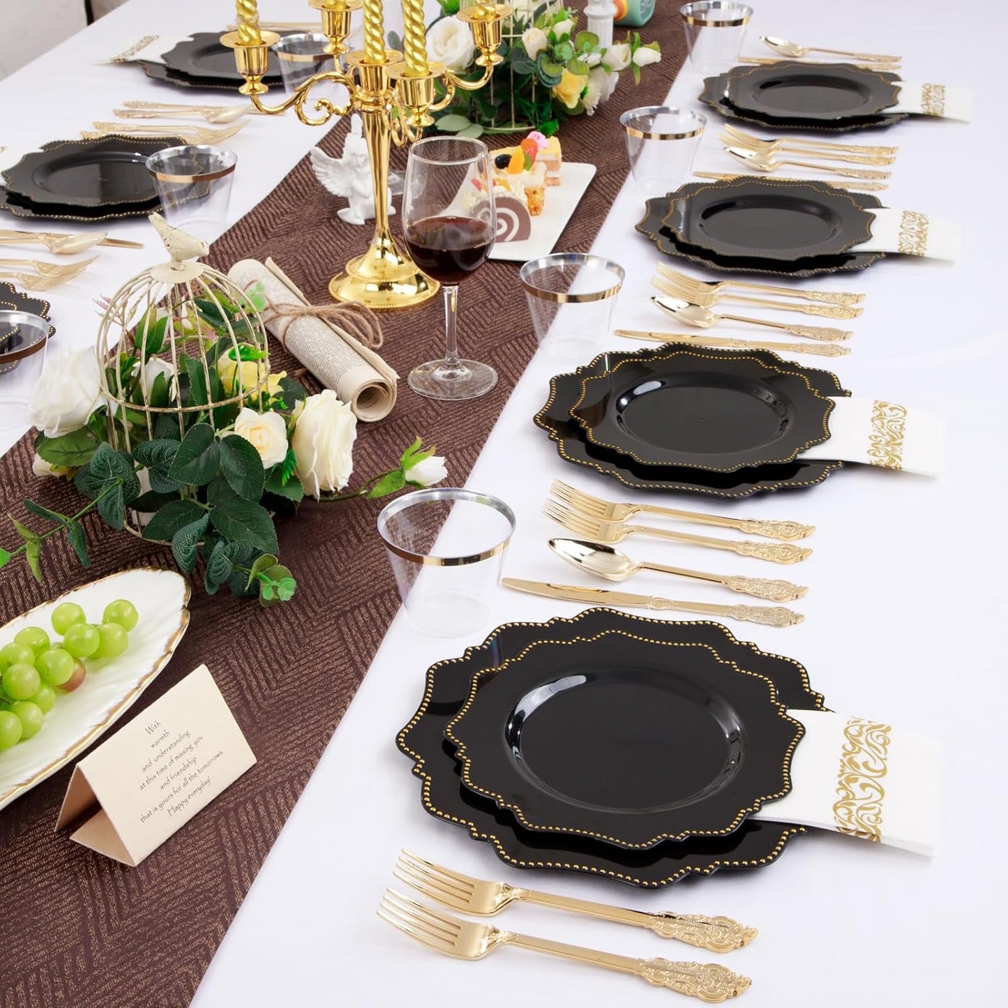 COLOSUS 175PCS Black Dinnerware set with Disposable Silverware for 25guests, Include 50 Dinner Plates 10.25”, 50 Dessert Plates 8.5”, 50 Cups 9 OZ, 50 Napkins,50 Plastic Silverware for Halloween Party