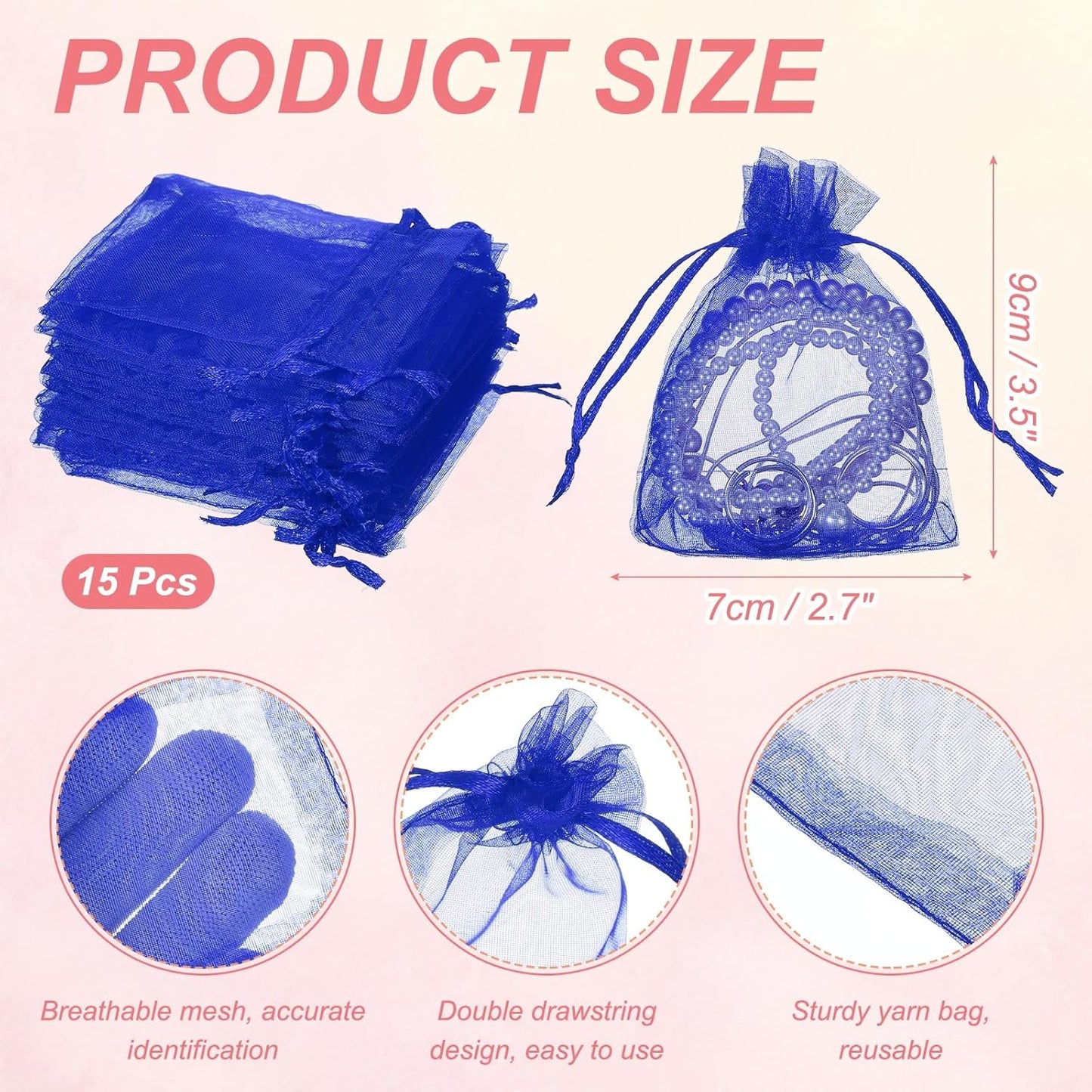 uxcell 50 Pcs Organza Gift Bags, 2.7x3.5 Inch Drawstring Pouches Jewelry Gift Bags, Small Wedding Favor Pouches for Christmas Birthday Wedding Goodie Candy Candle, Blue