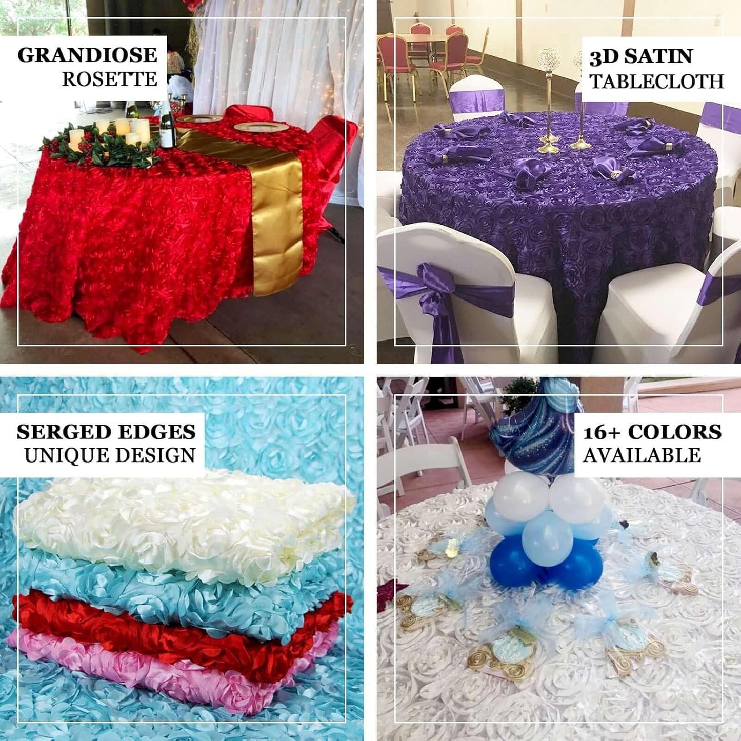 Efavormart 120" Wholesale Round Table Cover Light Blue Grandiose Rosette 3D Satin Tablecloth for Wedding Party Event Decoration