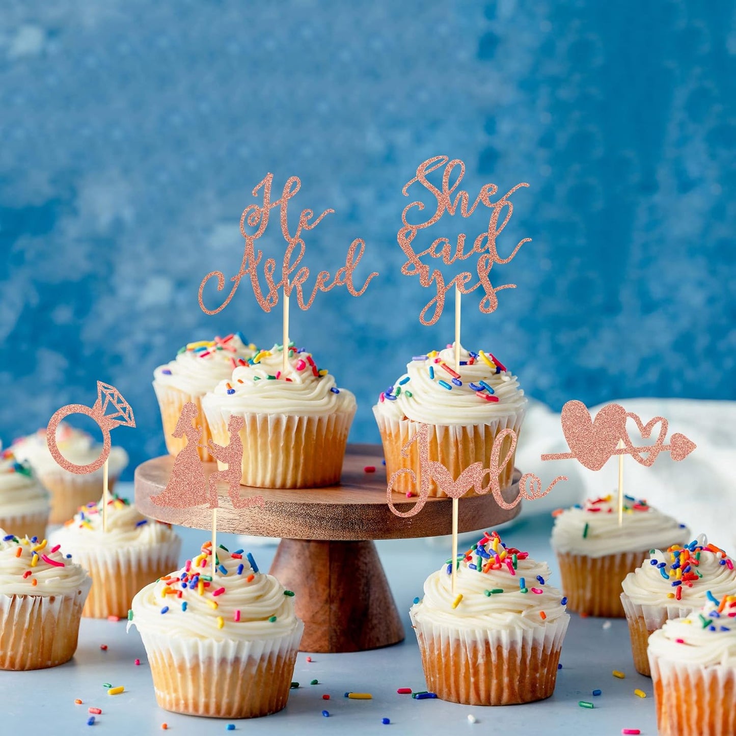 24Pcs He Asked She Said Yes Cupcake Toppers Diamond Ring Heart I Do Cake Picks for Wedding Engagement Bridal Shower Party Cake Decorations - Rose Gold Glitter