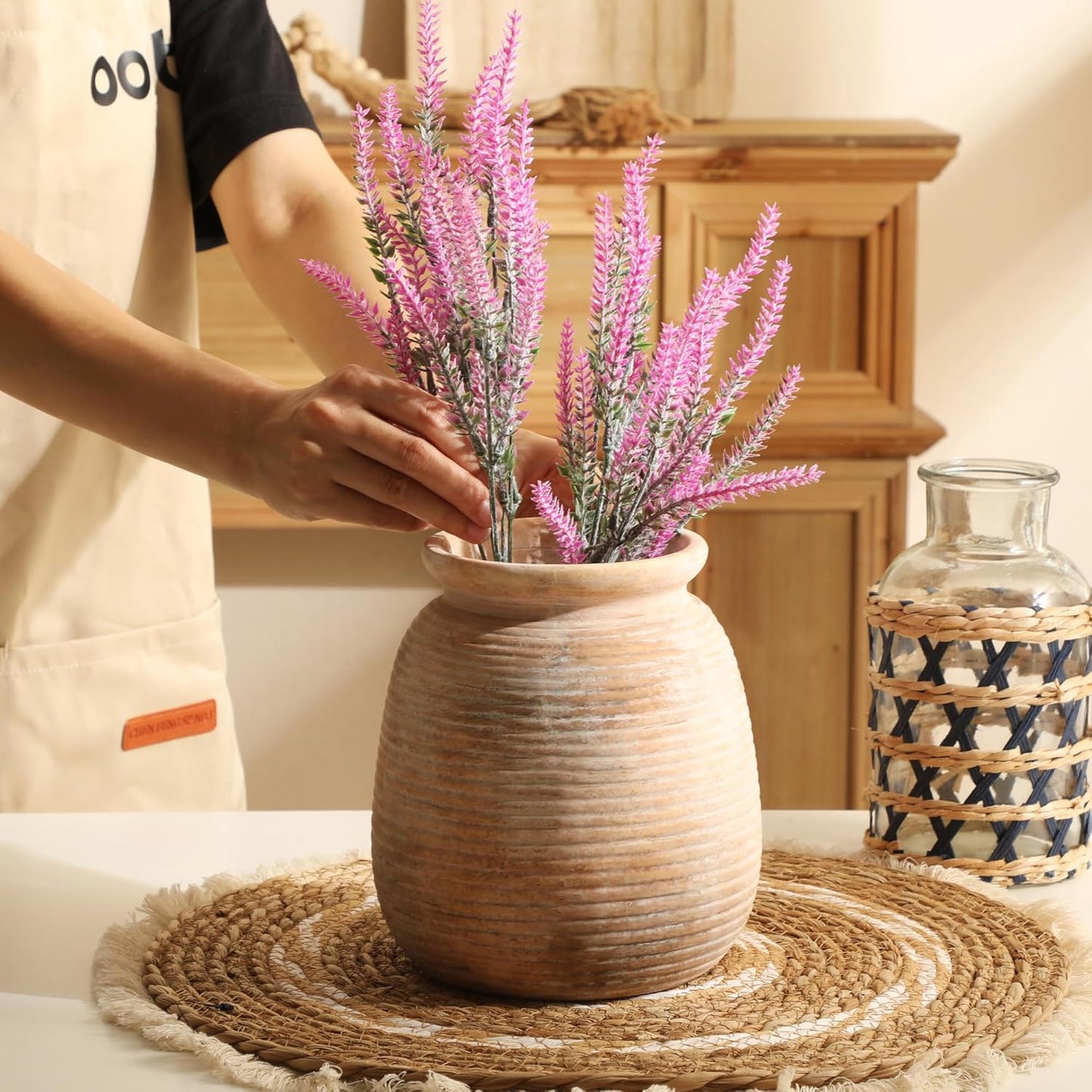 Ceramic Flowers Rustic Vase, Neutral Pottery Farmhouse Vases Home Decor, 7.48" Terracotta Pampas Decorative Vase for Table Entryway Mantel Bookshelf Bedroon Bathroom Living Room
