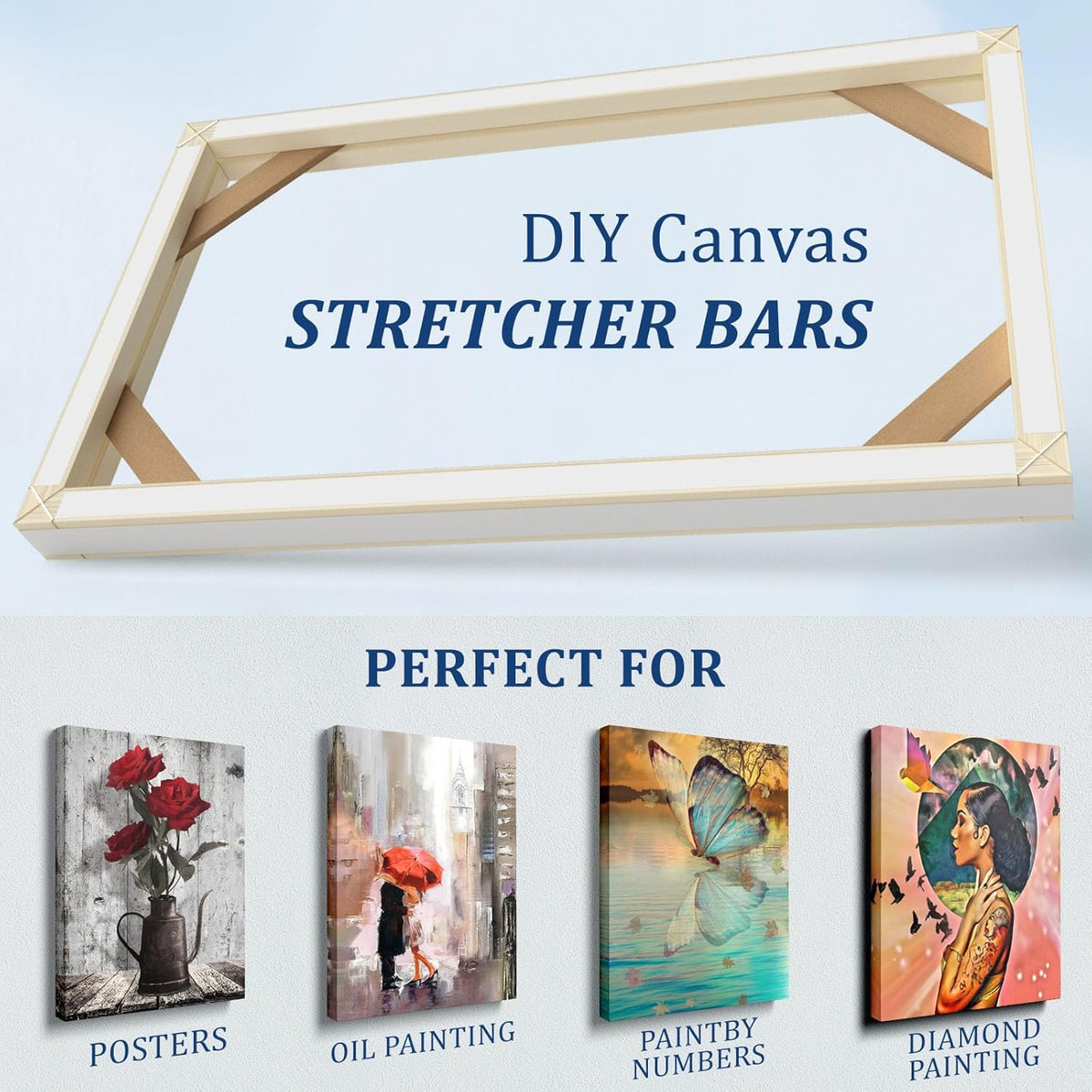 4pcs DIY Wooden Canvas Stretcher Bars Canvas Frame Kit for Gallery Wraps – Sturdy Solid Wood Bars for Oil Paintings, Gallery, Posters, Diamond Painting, Home Studio Wall Decor