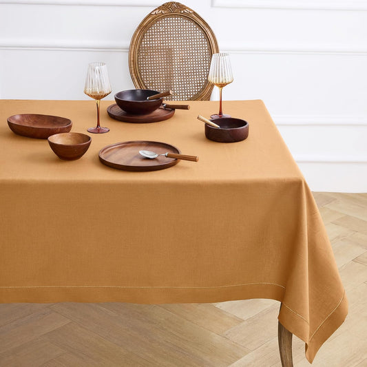 Solino Home Brown Sugar Linen Tablecloth 60 x 90 Inch - Classic Hemstitch, 100% Pure Linen Rectangular Tablecloth - Machine Washable Table Cloth for Fall, Autumn, Thanksgiving