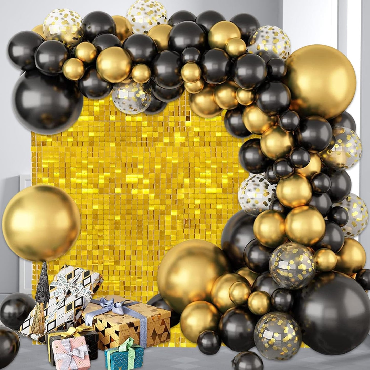 12PCS Gold Shimmer Wall Backdrop, Square Sequin Photo Backdrops Panel, Glitter Wall Background for Birthdays, Weddings, Graduation, Engagements, Disco Bachelorette Party Decoration (3FTx4FT)