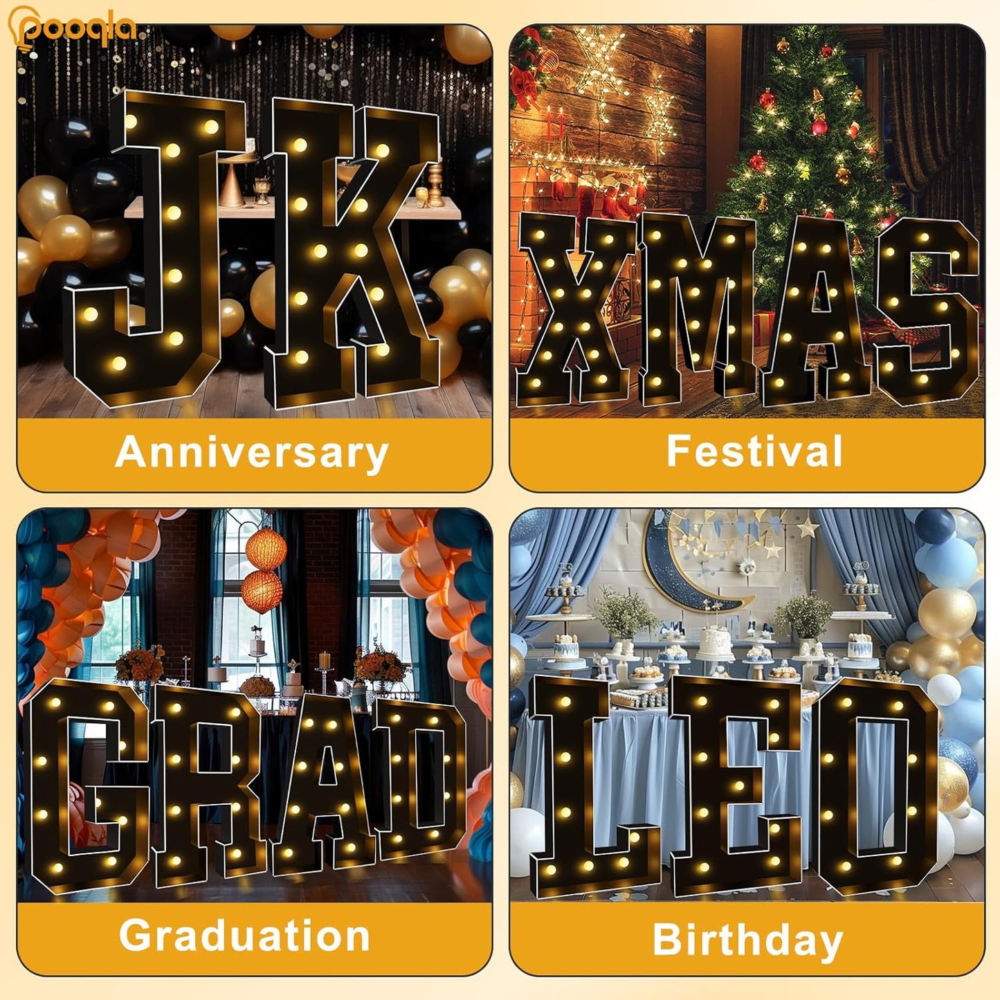 Pooqla 3FT Marquee Light Up Letters, Black LED Party Decor Large Marquee Letters 3 Feet Tall, Giant Mosaic Letter for Birthday Graduation Anniversary Wedding Decoration, Letter C
