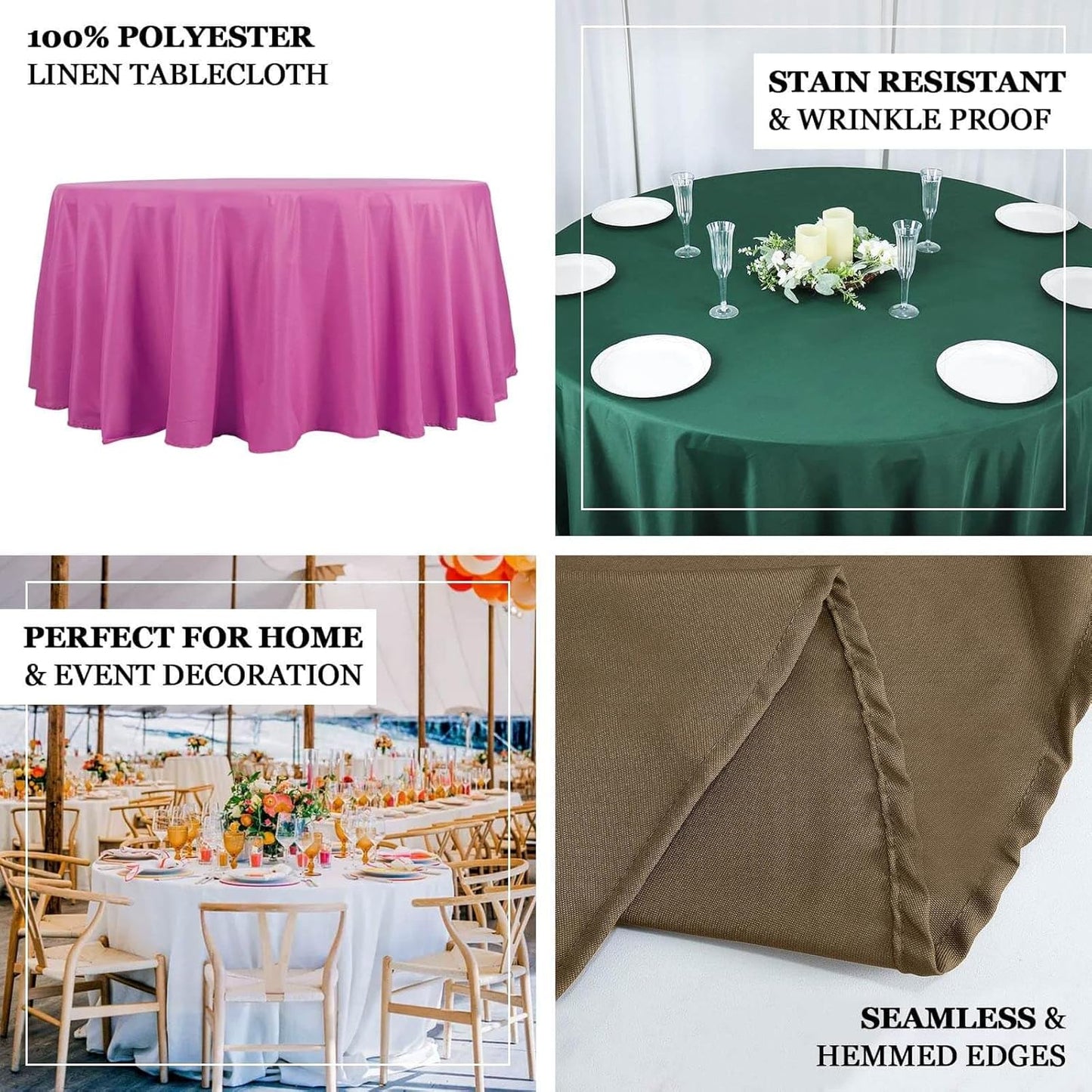 Efavormart Round Tablecloth, 132 Inch Stain & Wrinkle Resistant Washable Table Cloth, Decorative Polyester Fabric Table Cover for Banquet, Wedding, Dining- Black