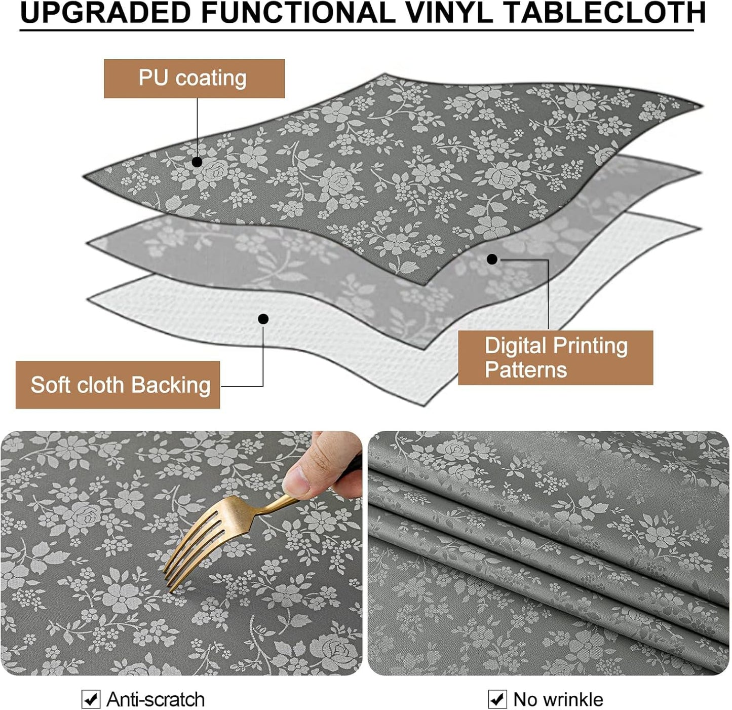 Smiry Rectangle Table Cloth, Waterproof Heavy Duty Vinyl Tablecloths, Wipeable Washable Table Cover for Kitchen and Dining Room (Grey, 54" X 78")