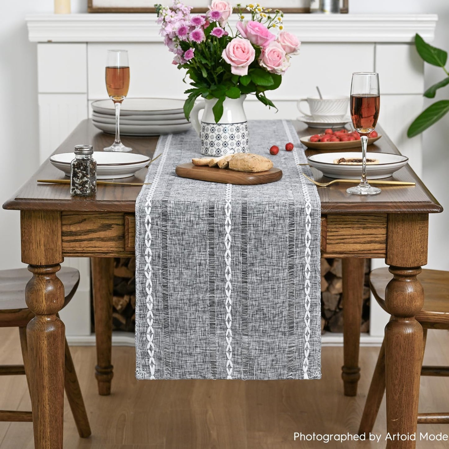 Artoid Mode Dark Grey Rustic Cotton Linen Table Runner, Seasonal Embroidered Hollow Kitchen Dining Table Decoration for Home Party Decor 13x72 Inch
