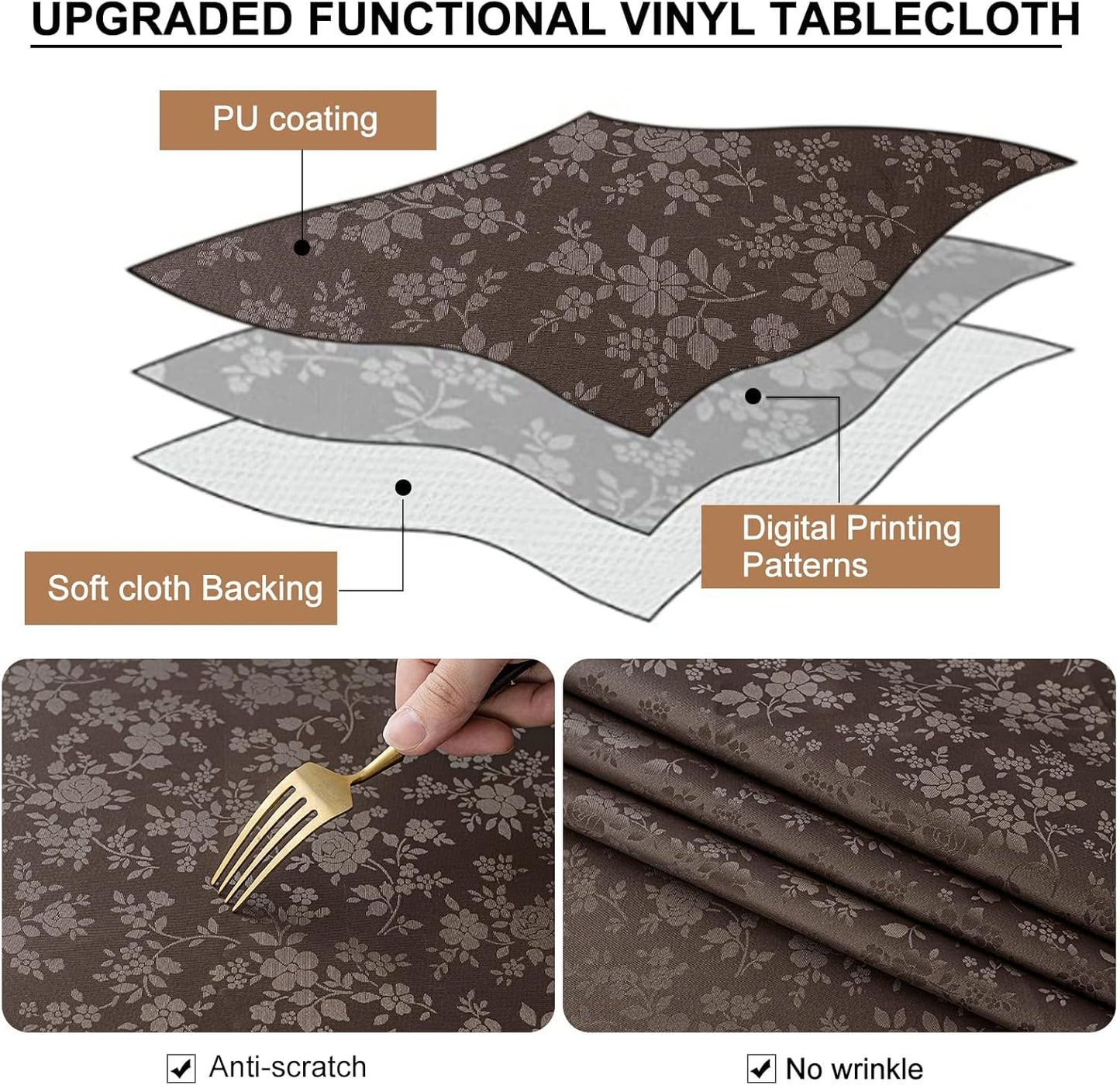 Smiry Round Table Cloth, Waterproof Heavy Duty Vinyl Tablecloths, Wipeable Washable Table Cover for Kitchen and Dining Room (Coffee, 70" Round)