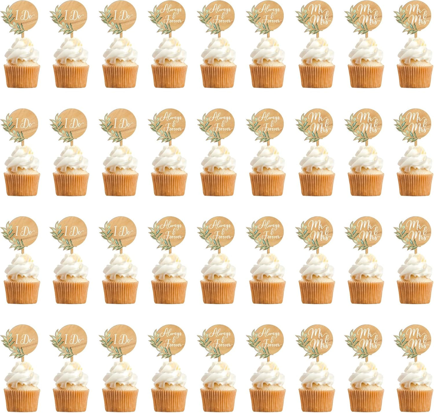 36 PCS Mr & Mrs Wedding Cupcake Toppers with Green Leaves Engagement Cake Decorations