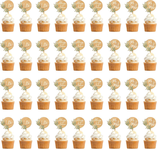 36 PCS Mr & Mrs Wedding Cupcake Toppers with Green Leaves Engagement Cake Decorations