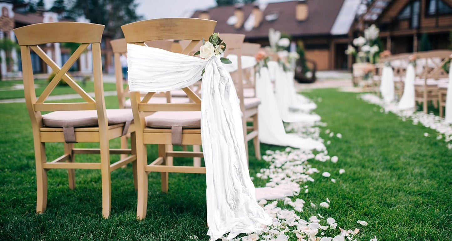 50 PCS Cheesecloth Chair Sashes, Bows Designed ChairSashes, 15.7x108 inch Chair Sashes for Aisle Decorations Universal Chairs Cover Decoration for Wedding Reception Party Banquet (White)
