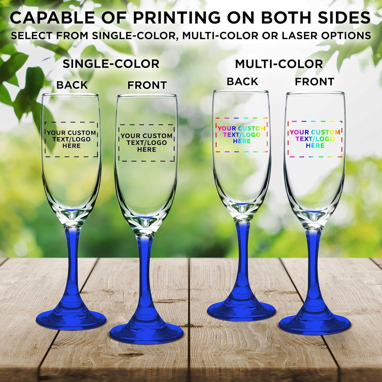 DISCOUNT PROMOS Custom Premiere Champagne Flutes 6.25 oz. Set of 100, Personalized Bulk Pack - Elegant Drinkware for Weddings, Events, & Promotional Gifts - Blue