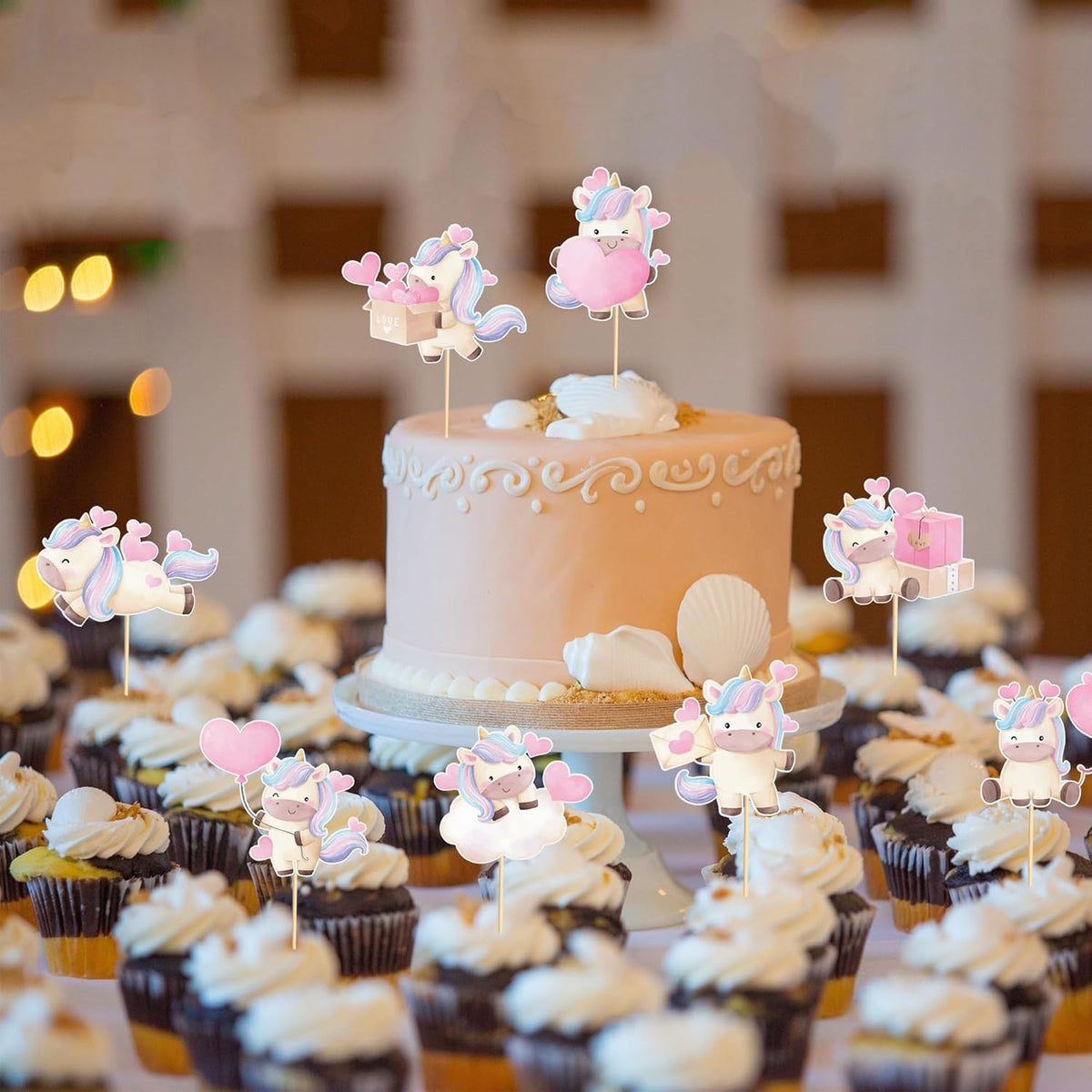 24pcs Unicorn Cupcake Toppers with Heart Unicorn Party Decoration Suitable for Baby Shower Valentine's Day Birthday Party Decoration