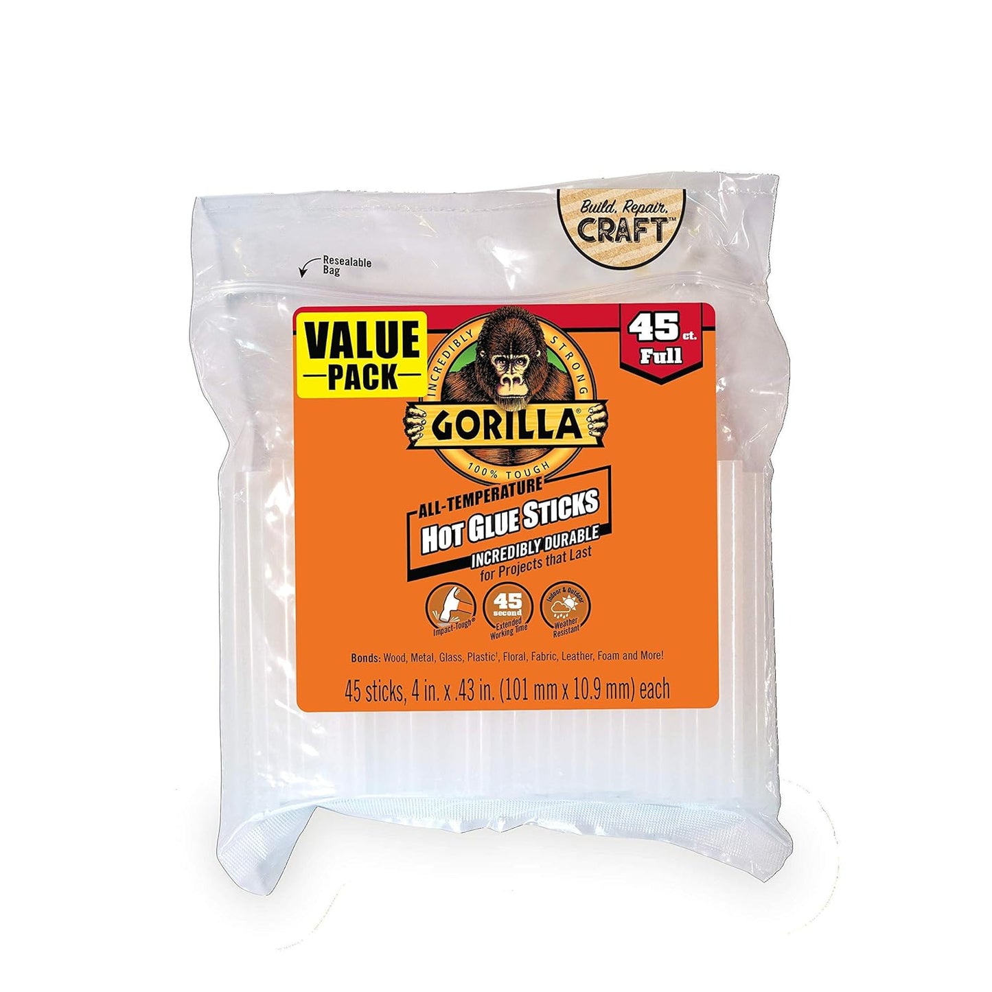 Gorilla Hot Glue Sticks, Clear Glue, Full Size 4" Long x 0.43" Diameter, 45 Count (Pack of 1) - Safe for All Temperatures with Extended Working Time