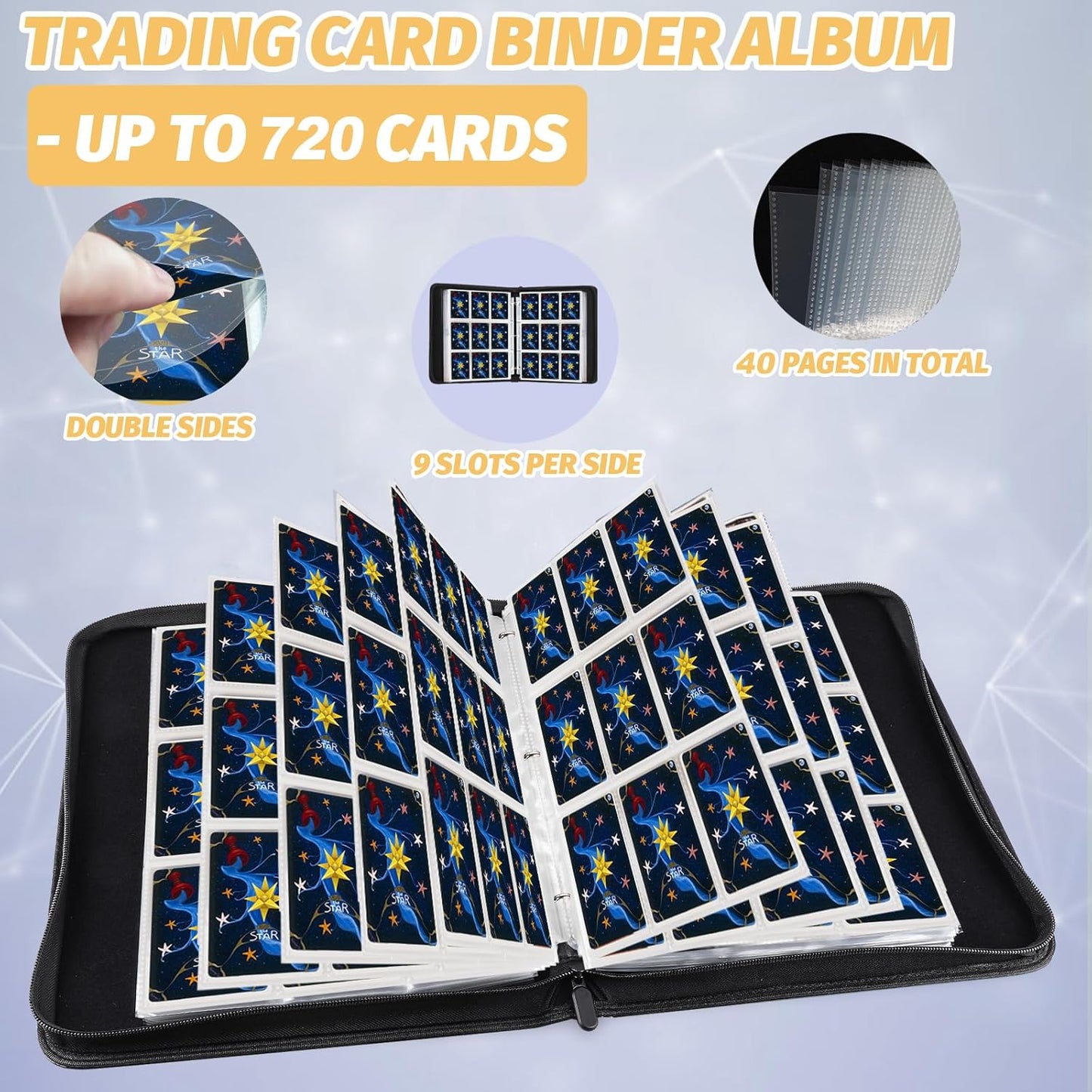 Card Binder for MTG Cards, Premium 9 Pocket Card Binder for Trading Cards, 720 Double Sided Pocket Collector Card Album for Standard Cards,Card Collection Folder for YGO/PTCG/Game Cards (Black Purple)