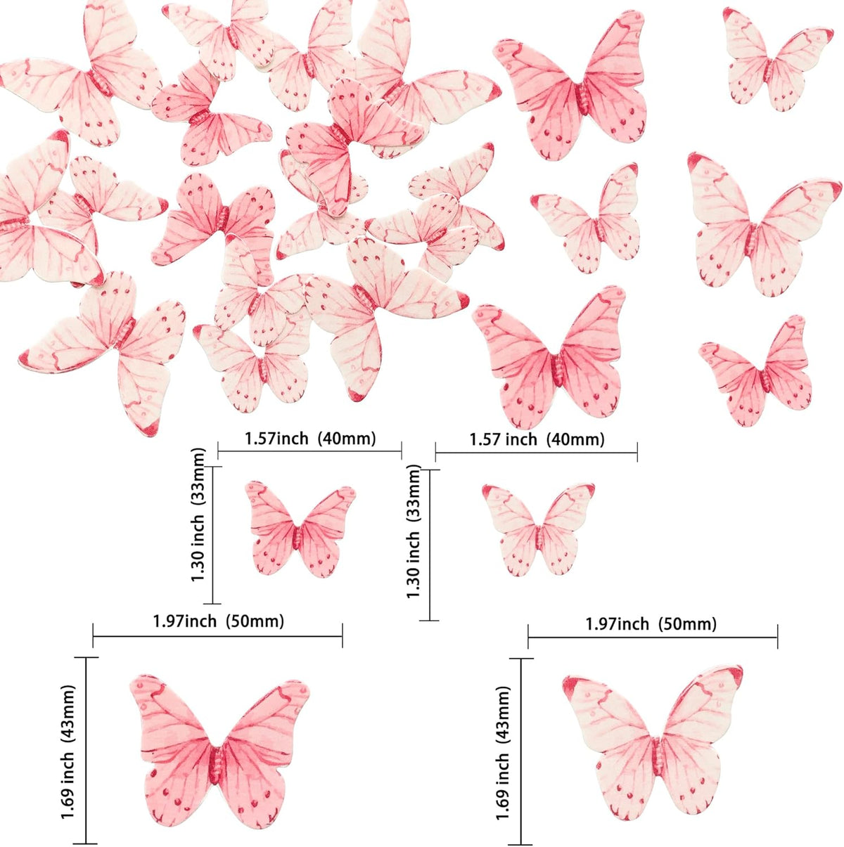 Ephlyn 40Pcs Edible Butterfly Cupcake Toppers 3D Butterfly Cake Picks Mixed Color Cake Decorations for Baby Shower Wedding Kids Birthday Party Supplies Pink