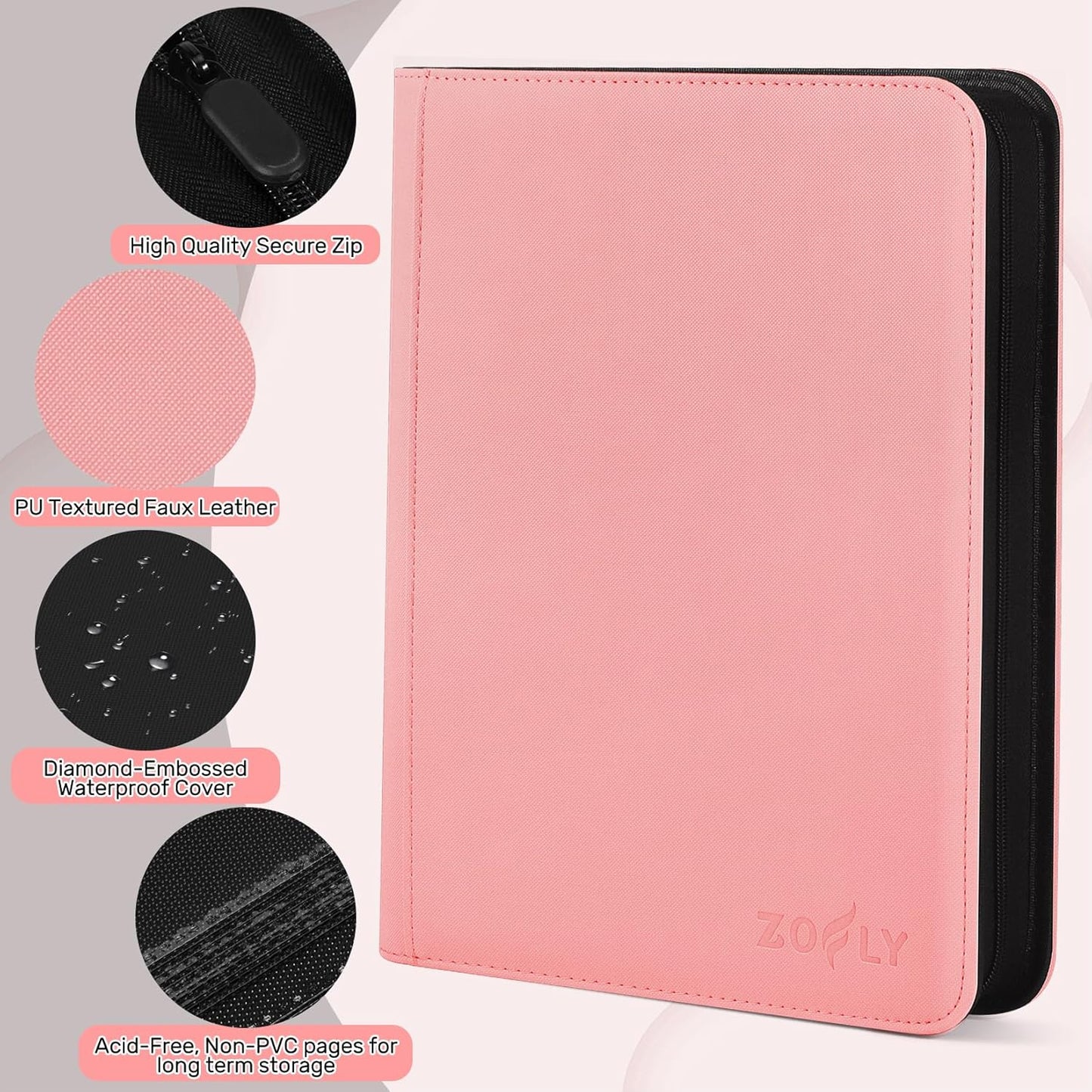 30 Pack 9 Pocket Card Binder, Premium Zip Trading Card Binder, 540 Large Capacity Side-Loading Card Storage Album, PU Card Collection Binder for Gifts, TCG, MTG, Baseball Football Sport Cards, Pink