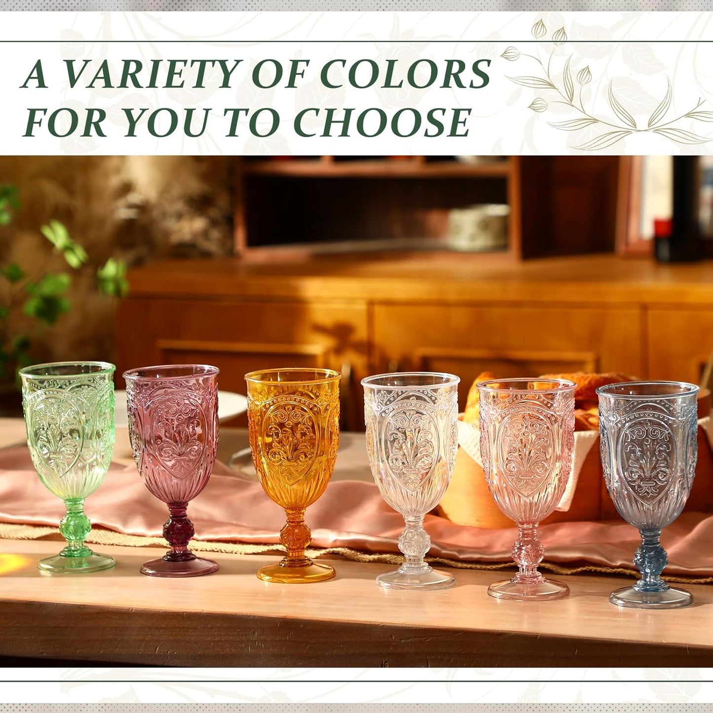 36 Pack Plastic Goblets 10oz Upgrade Vintage Water Goblet Plastic Wine Glasses Colored Retro Embossed Glassware for Party Wine Bar Juice Baby Shower Wedding Reception Grand (Blue)