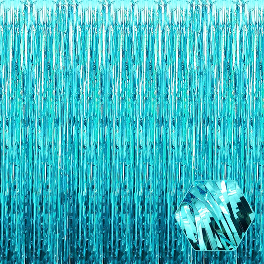 3 Pack Lake Blue Foil Fringe Curtain Backdrop, 3.28Ft x 8.2Ft Metallic Tinsel Foil Fringe Streamer Curtains for Photo Booth, Christmas Day, Thanksgiving, Wedding, New Year Party Decorations