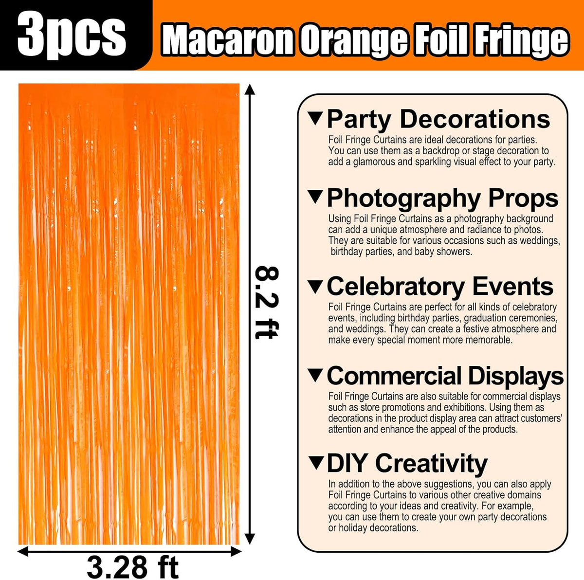 3 Pack Macaron Orange Foil Fringe Curtain Backdrop, 3.28Ft x 8.2Ft Metallic Tinsel Foil Fringe Streamer Curtains for Photo Booth, Mother's Day, Easter, Birthday, Wedding Party Decorations