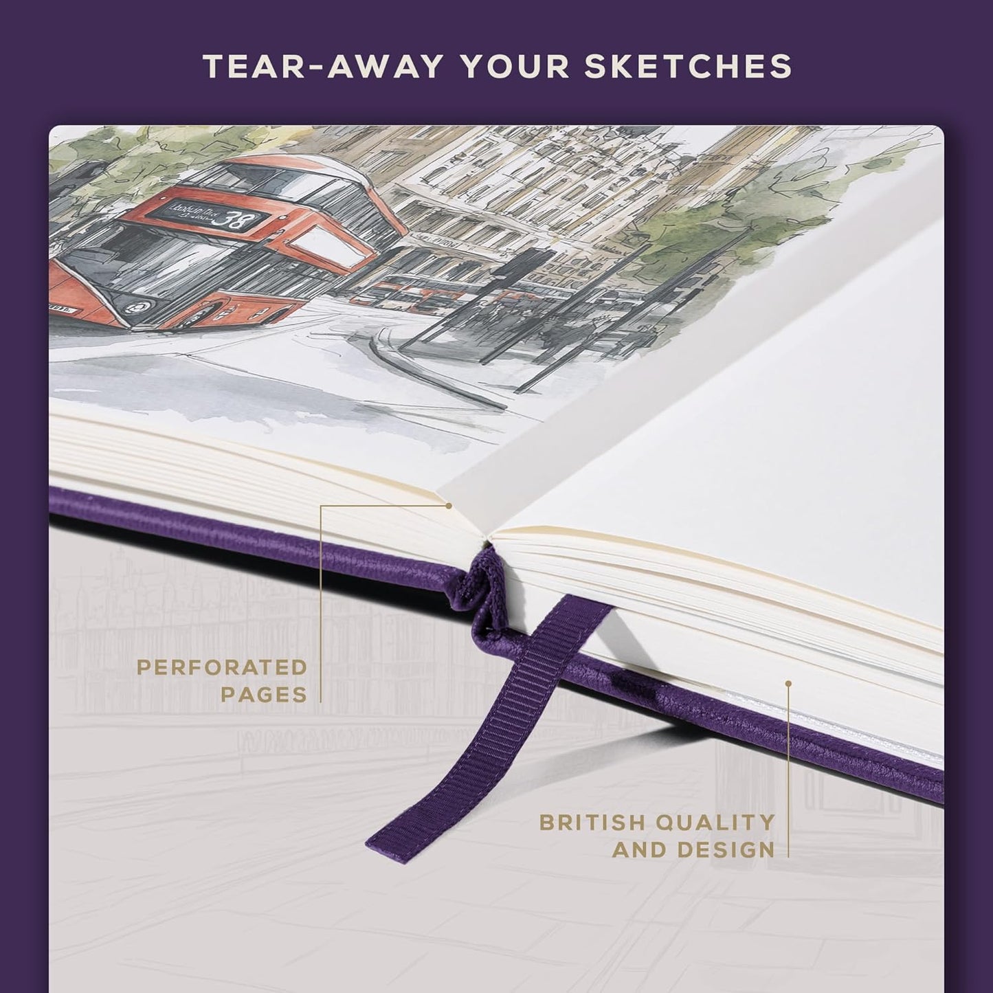 Beechmore Books A4 Sketchbook – 8.5x11 Premium Vegan Leather Bound Large Sketch Book Hardcover with 156 Thick 160gsm Perforated Ivory Pages, Blank Sketch Pad, Gift Boxed, Back Pocket, Ribbon Bookmark