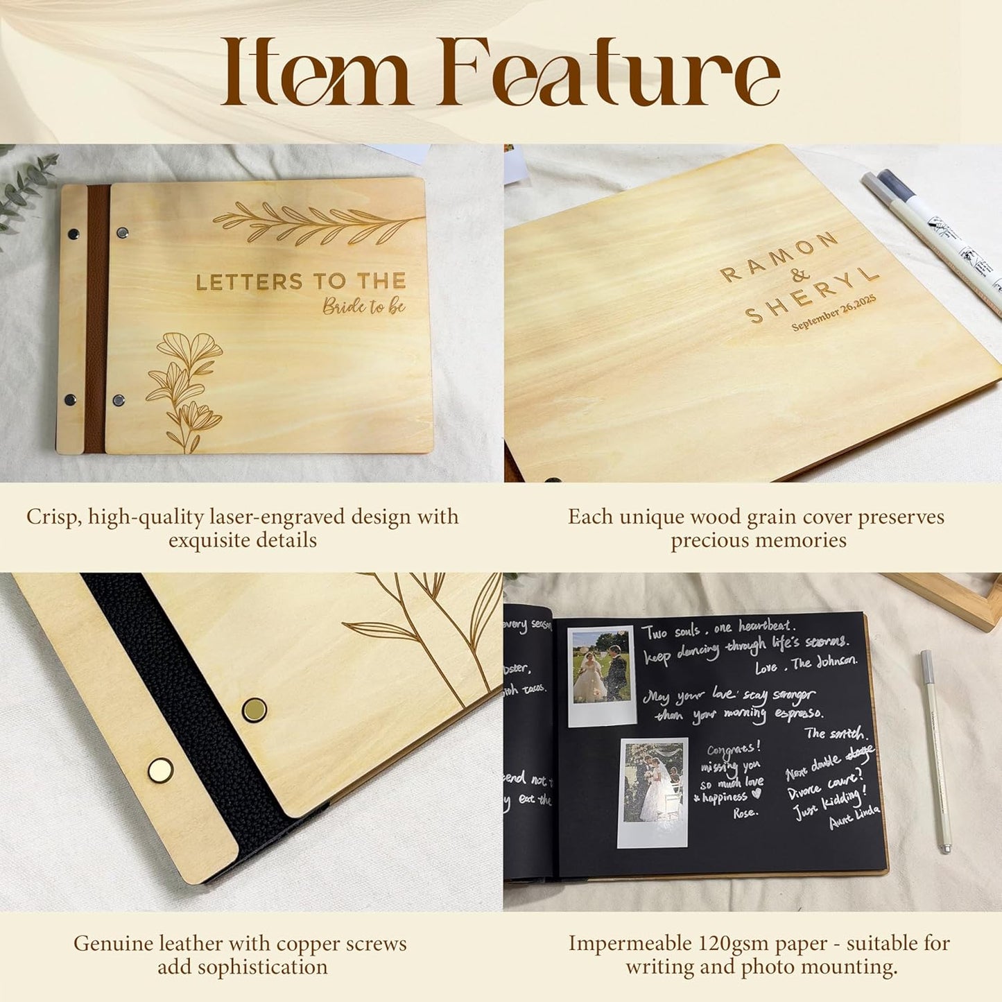 Personalized Wooden Wedding Guest Book, Custom Reception Sign Wooden Guestbook, Wedding Anniversary Birthday Decoration Supplies, Ideal for Photo Wedding Album, Photobooth Guestbook (Natural Wood)