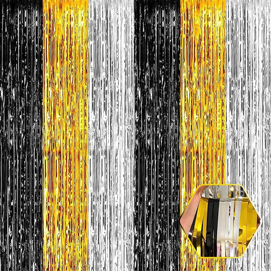 3 Pack Black Gold Silver Foil Fringe Curtain Backdrop, 3.28Ft x 8.2Ft Metallic Tinsel Foil Fringe Streamer Curtains for Photo Booth, Mother's Day, Easter, Birthday, Wedding Party Decorations