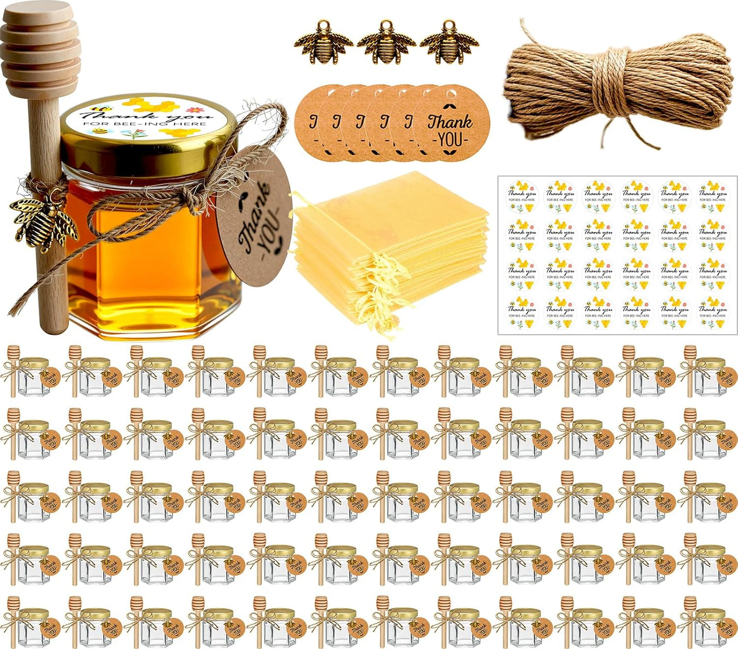 Adabocute Mini Honey Jars with Dipper - Hexagon Honey Pot Set with Gold Lid, Bee Pendants, Jutes, Gold Organza Bags and Stickers - Perfect for Baby Shower Party Favors Wedding Favors, 60 Pack 1.5oz