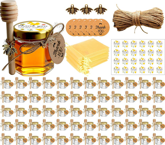 Adabocute Mini Honey Jars with Dipper - Hexagon Honey Pot Set with Gold Lid, Bee Pendants, Jutes, Gold Organza Bags and Stickers - Perfect for Baby Shower Party Favors Wedding Favors, 60 Pack 1.5oz