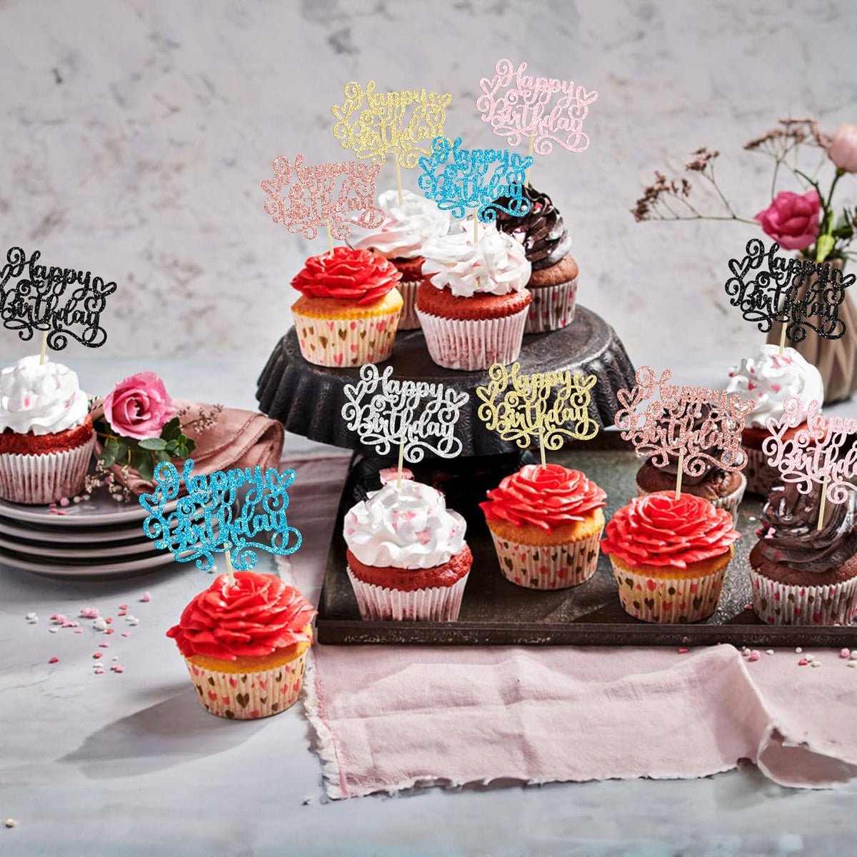 Gyufise 24Pcs Happy Birthday Cupcake Toppers Glitter Happy Birthday Cupcake Picks for Celebrating Happy Birthday Anniversary Theme Party Cake Decorations Supplies Black Pink Blue