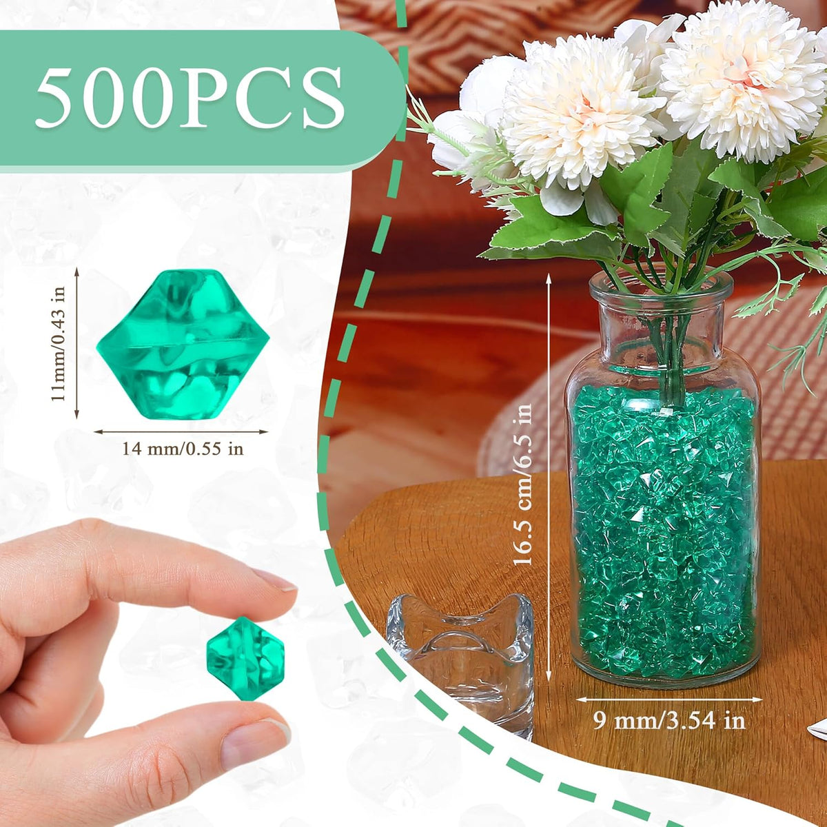 LAIDANLA 500PCS Dark Green Acrylic Gems Vase Fillers Green Fake Ice Cubes Plastic Diamonds Fake Crushed Rocks for Centerpiece DIY Party Table Scatter Prop Wedding Decoration Accessories