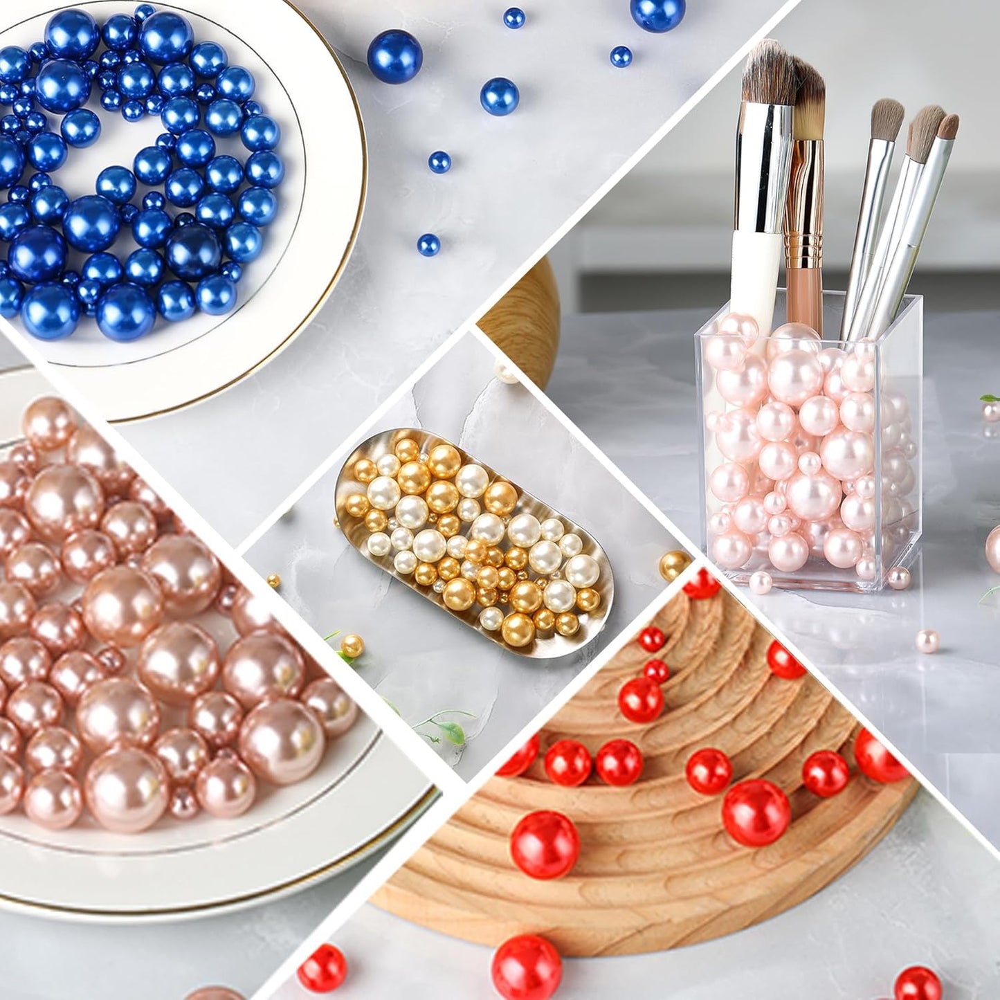 260Pcs Rosegold Glossy Beads for Centerpiece Decor, Artifical Pearls Vase Filler, Makeup Brush Beads, No Hole Round Pearl Beads for Wedding Birthday Christmas Party Home Decor(18mm 14mm 6mm)