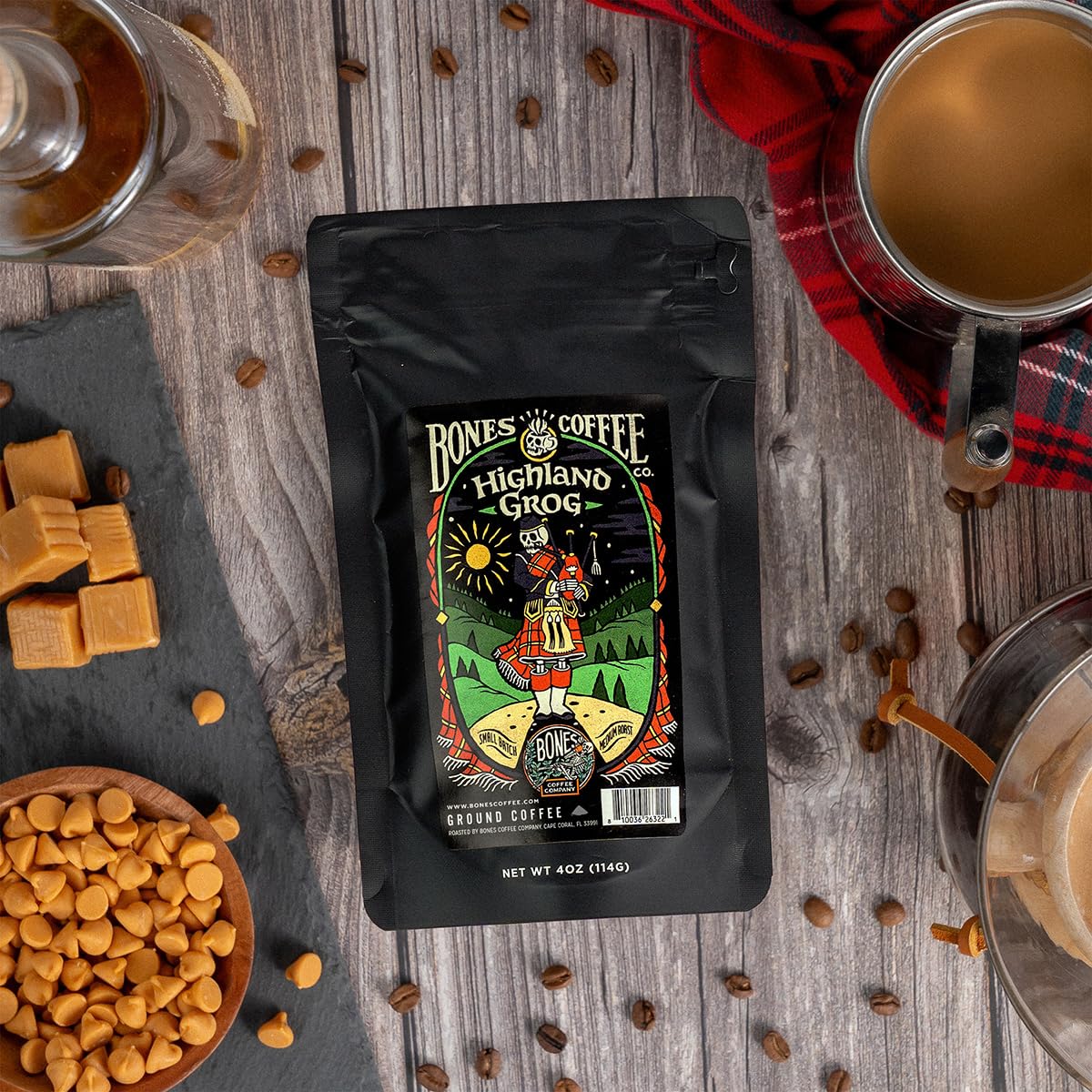 Bones Coffee Company Favorite Flavors Sample Pack Box Set with Specialty Coffee Mug, 5 Assorted Single-Origin Low Acid Medium Roast Arabica Beans Flavored Coffee Gifts, 4 oz Pack of 5 Whole Bean