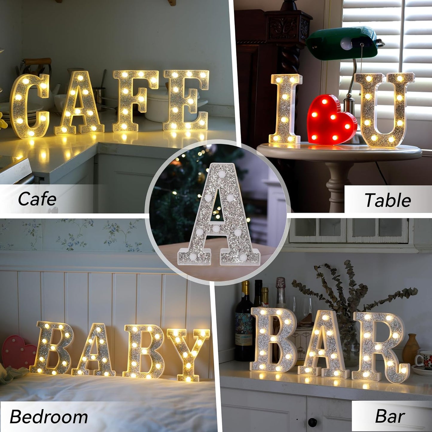 Marquee Light Up Letters, Glitter Silver LED Letter Lights Battery Powered Alphabet Letter Sign for Night Light Wedding Birthday Party Cafe Bar Decoration Girls Room Decor - O
